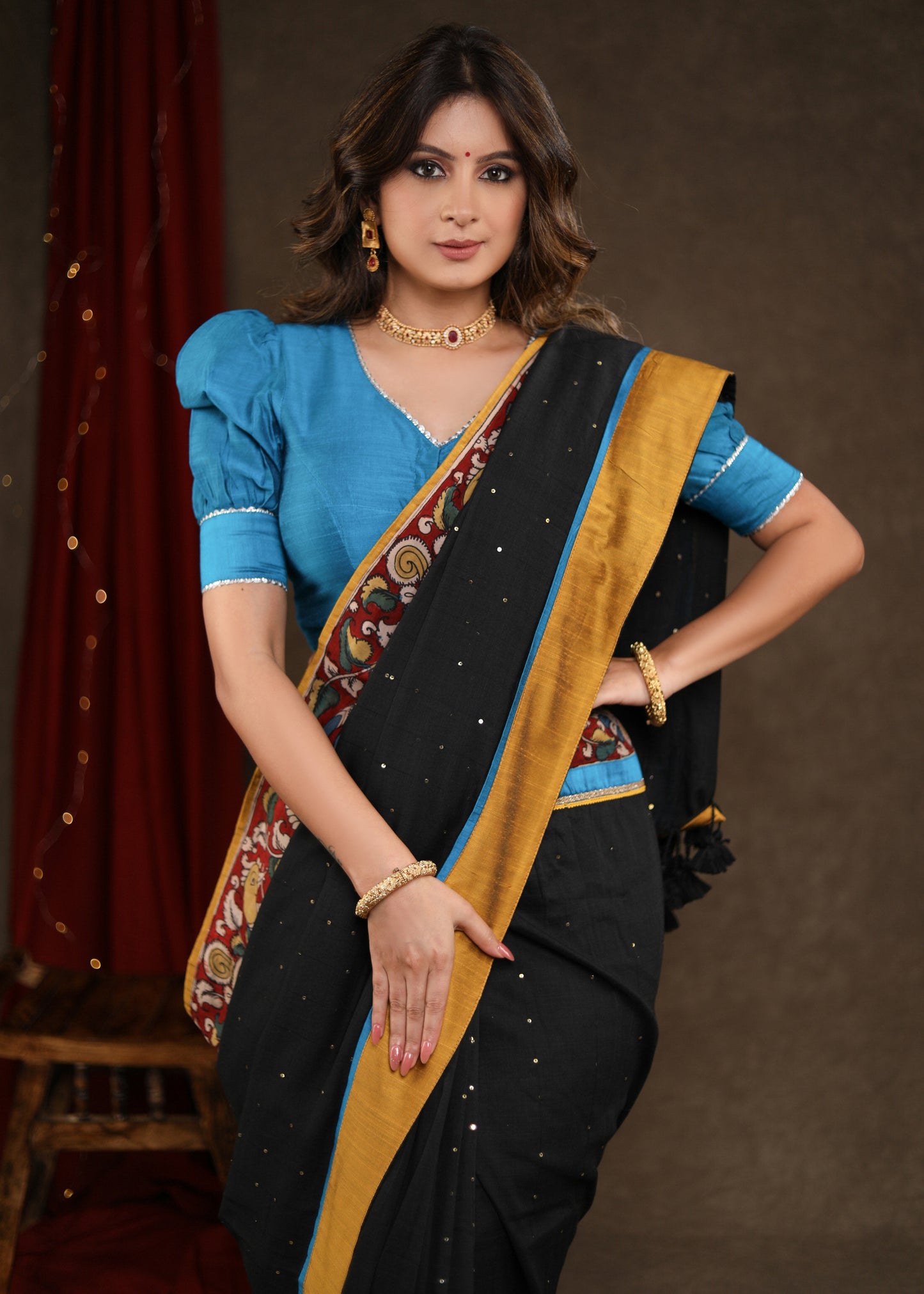 Stunning Black Sequence Cotton Saree with Handpainted Kalamkari Border