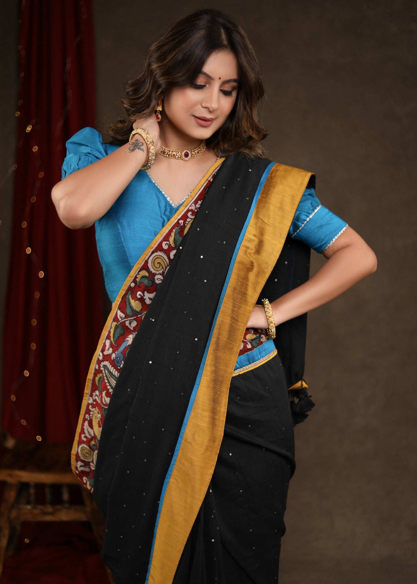 Stunning Black Sequence Cotton Saree with Handpainted Kalamkari Border