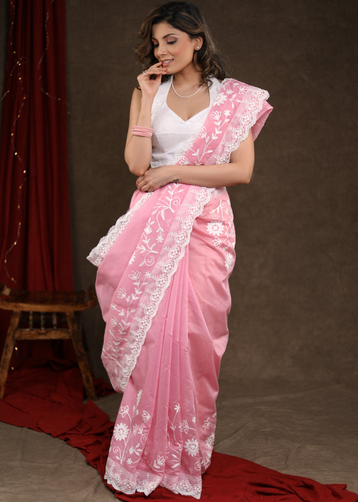 Gorgeous Blush Pink Chanderi Saree with Beautiful White Embroidery – Sujatra