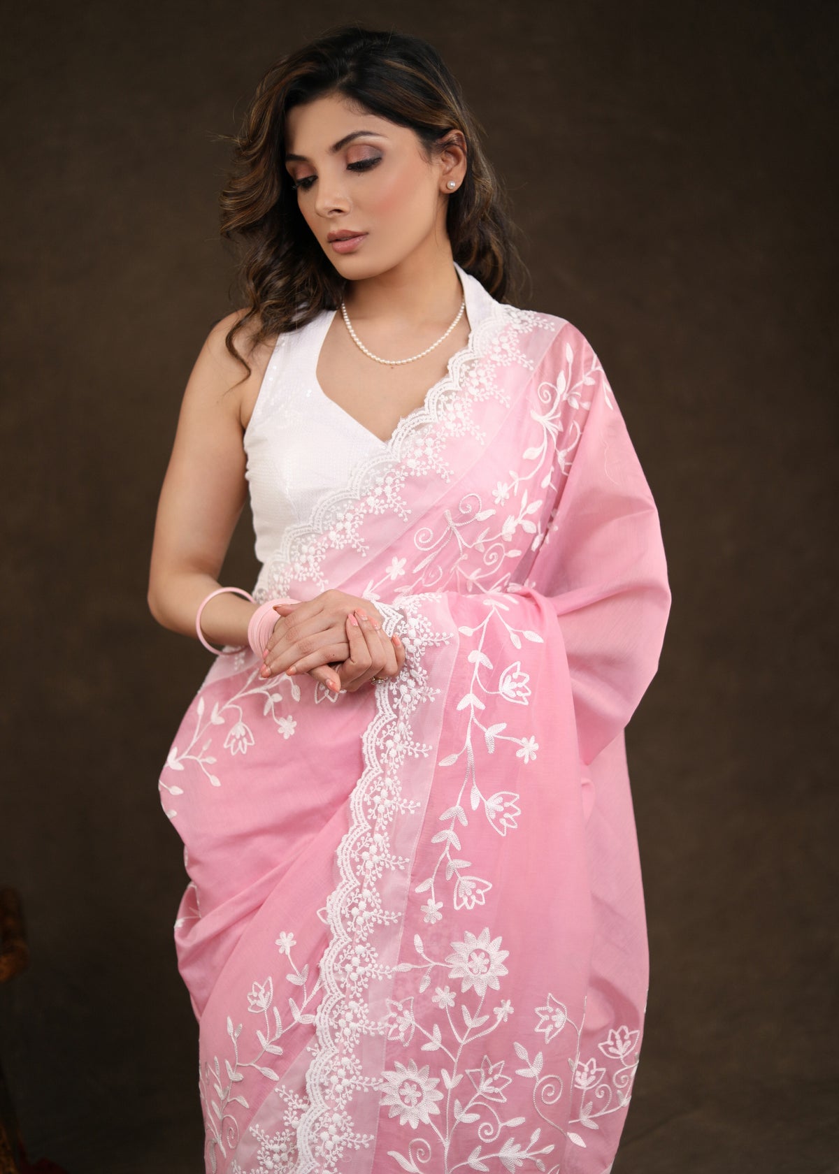 Dussehra Sale — Gorgeous Blush Pink Chanderi Saree with Beautiful White Embroidery