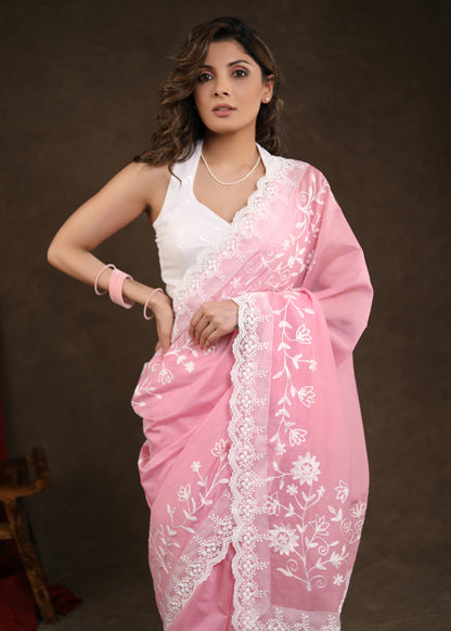 Gorgeous Blush Pink Chanderi Saree with Beautiful White Embroidery