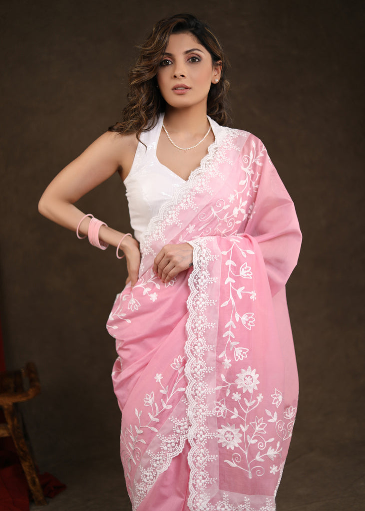 Gorgeous Blush Pink Chanderi Saree with Beautiful White Embroidery