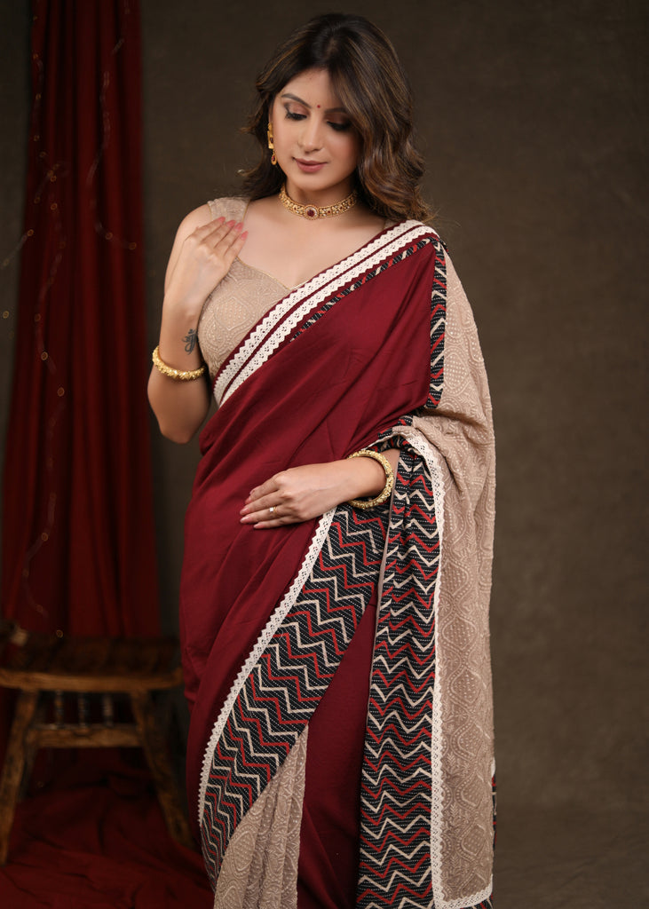 Designer Mulberry Purple Rayon Saree with Embroidery Combination Highlighted with Delicate Lace