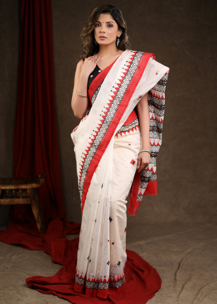 Classy White Block Printed Chanderi Saree with Temple Border & Hand Embroidered Gujarati Stitch