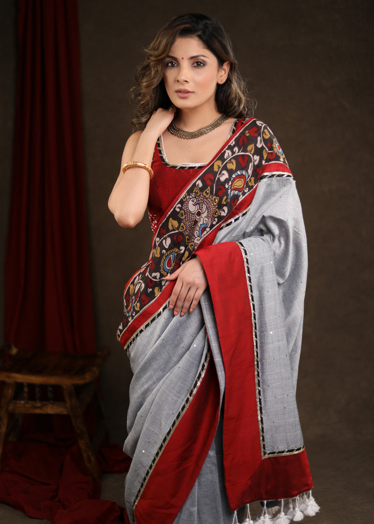 Soothing Cloud Grey Sequence Saree with Kalamkari Border Highlighted with Gota-Patti Lace