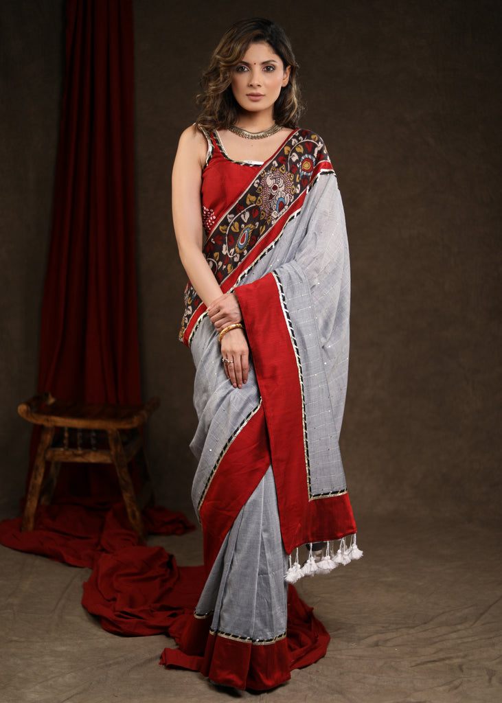 Soothing Cloud Grey Sequence Saree with Kalamkari Border Highlighted with Gota-Patti Lace