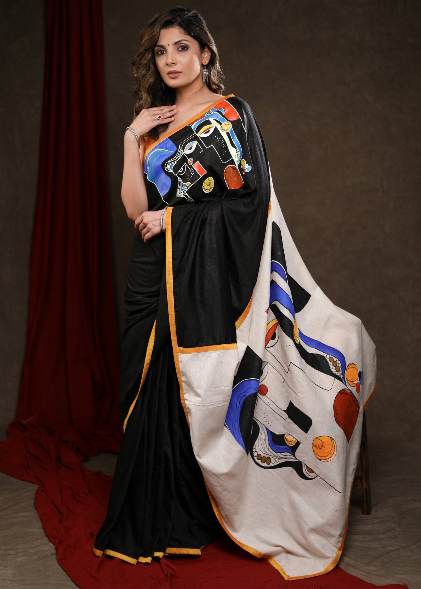 Stylish Black Rayon Silk Saree with Abstract Handpainting