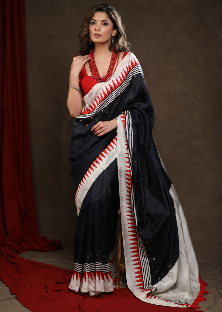 Regal Black Pure Silk Temple Border Saree with Hand Embroidery