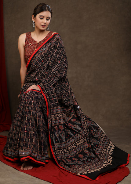 Beautiful Black Ajrakh Block Print Cotton Saree with Intricate Mirrorwork