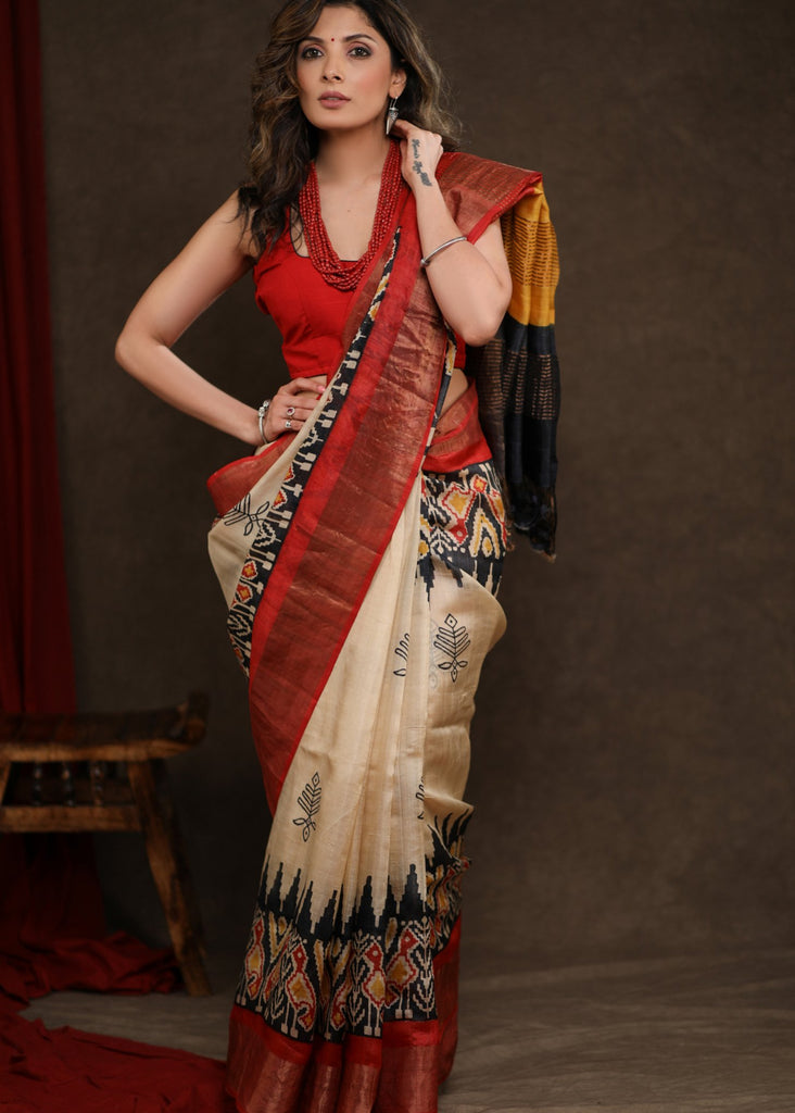 Stunning Pure Tussar Silk Pochampalli Design Printed Saree with Zari Border