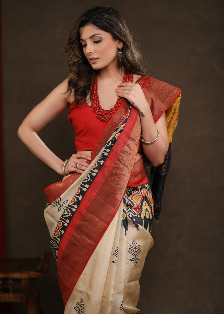 Stunning Pure Tussar Silk Pochampalli Design Printed Saree with Zari Border