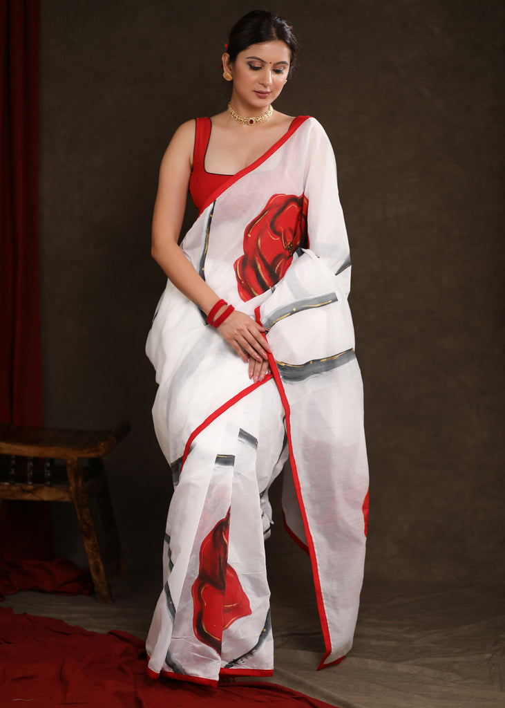 Designer White Chanderi Handpainted Saree with Abstract Rose Motif