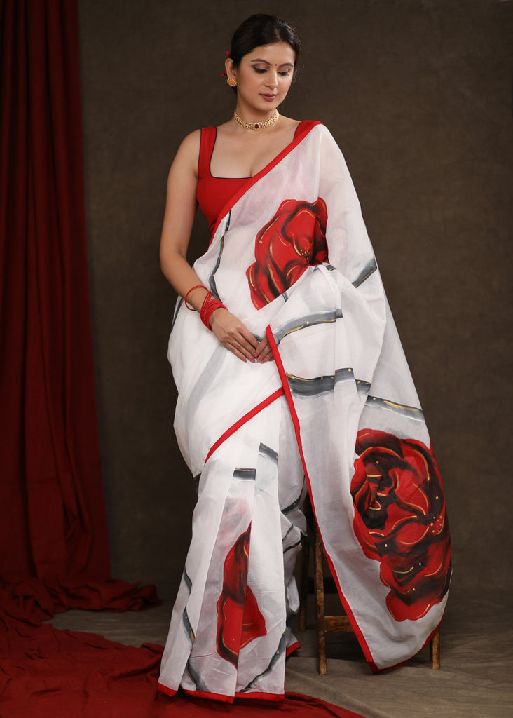 Designer White Chanderi Handpainted Saree with Abstract Rose Motif