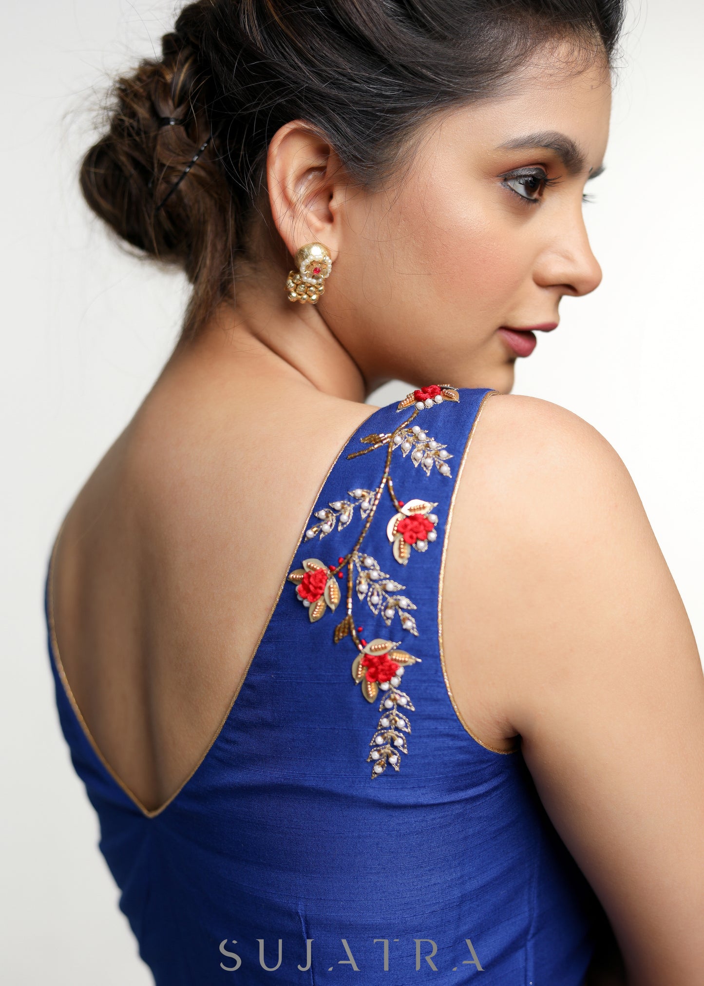 Royal Blue Hand Embroidered Cotton Silk Sleeveless Blouse