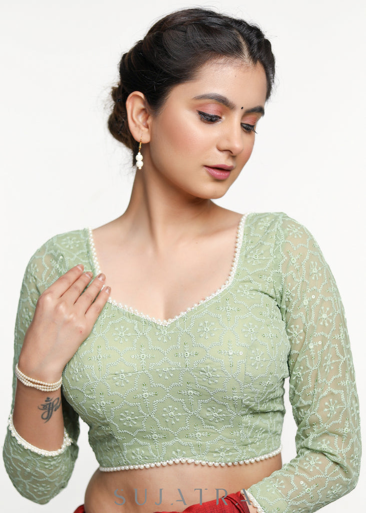 Embroidered Pista Georgette Blouse with Pearl Lace