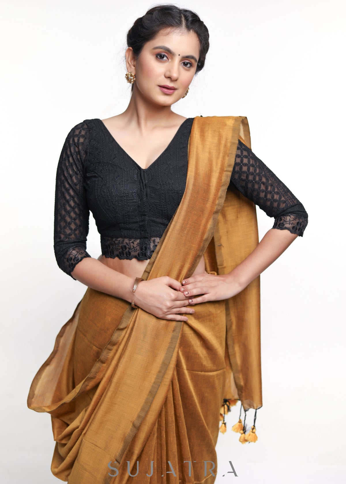 Trendy Black Gerogette Embroidered Blouse - Plain Saree Optional