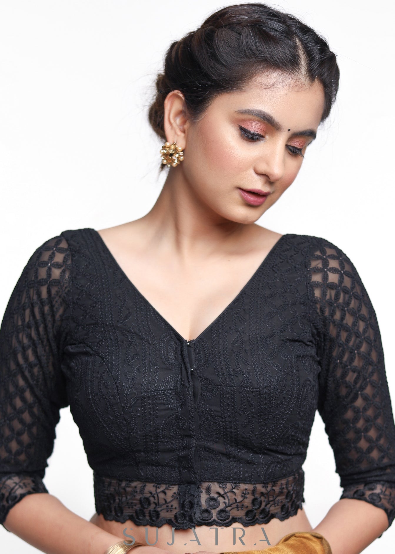 Trendy Black Gerogette Embroidered Blouse - Plain Saree Optional