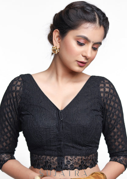 Trendy Black Gerogette Embroidered Blouse - Plain Saree Optional