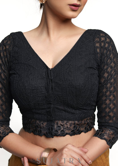 Trendy Black Gerogette Embroidered Blouse - Plain Saree Optional