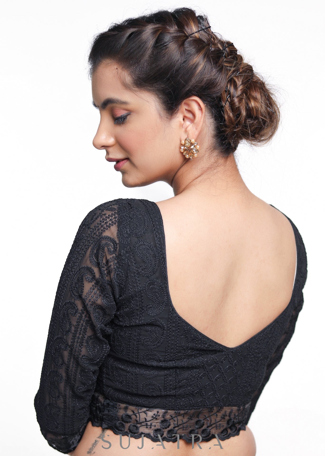 Trendy Black Gerogette Embroidered Blouse - Plain Saree Optional