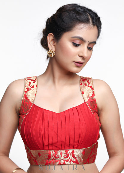 Red Banarsi Sleeveless Cotton Silk Blouse