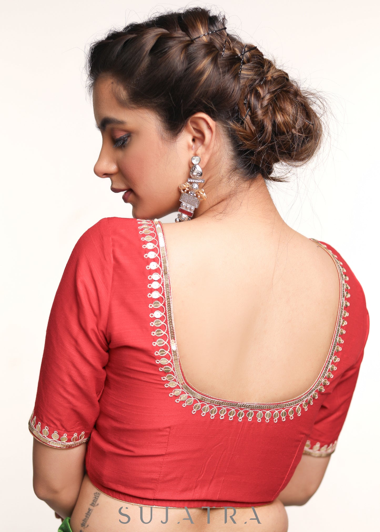 Hand Embroidered Red Cotton Silk Blouse