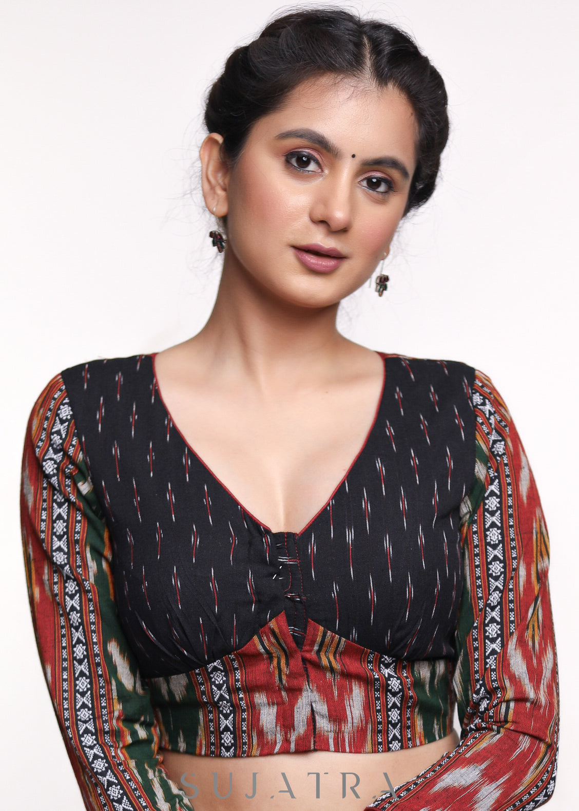 Black Multicolour Ikkat Combination Cotton Blouse