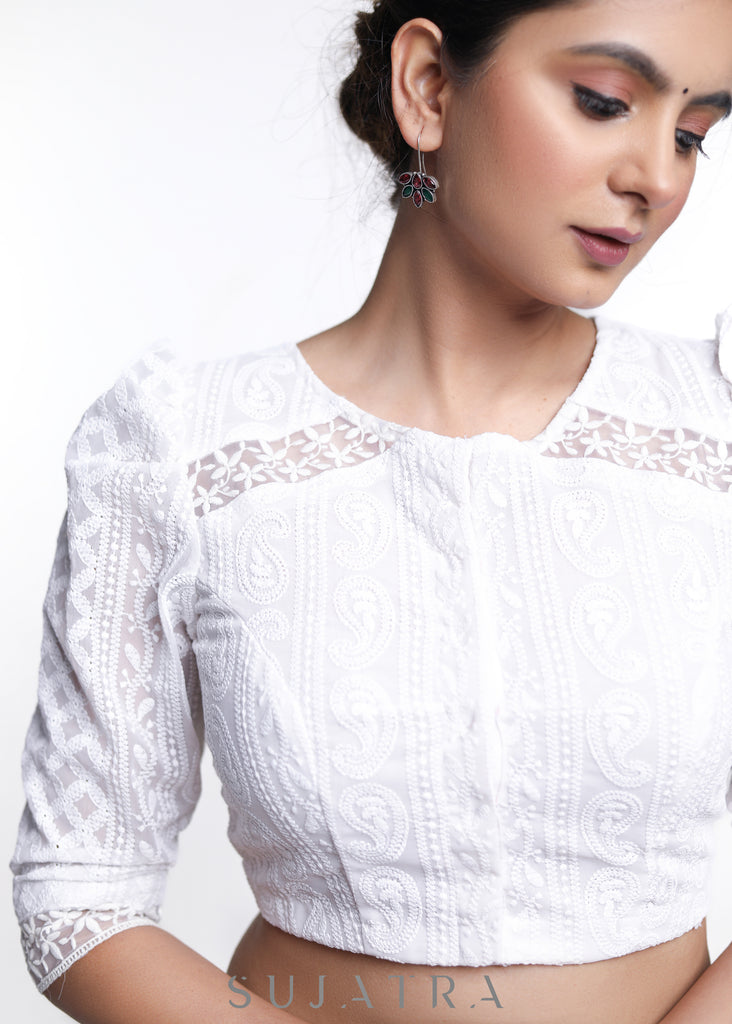 White Embroidered Georgette Blouse With Lace Insert