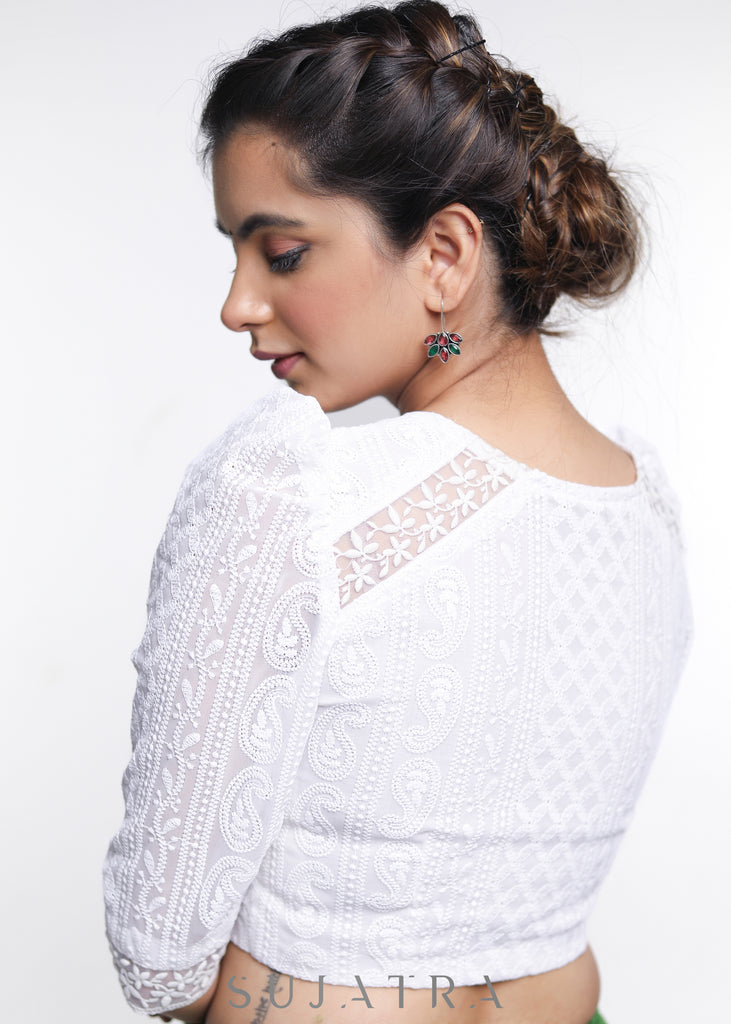 White Embroidered Georgette Blouse With Lace Insert