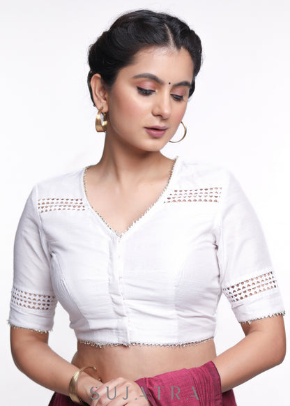 White Cotton Silk Lace Blouse - Plain Saree Optional