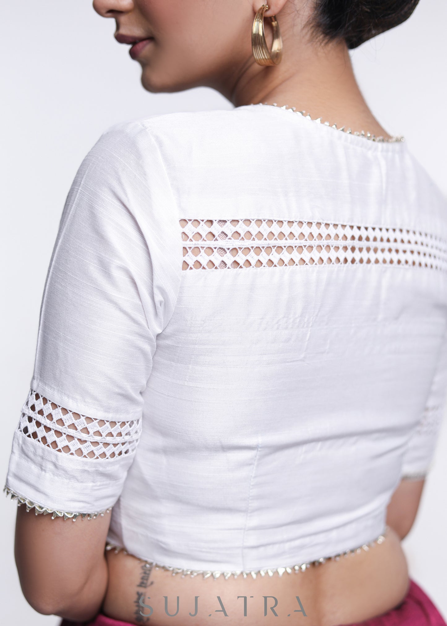 White Cotton Silk Lace Blouse - Plain Saree Optional