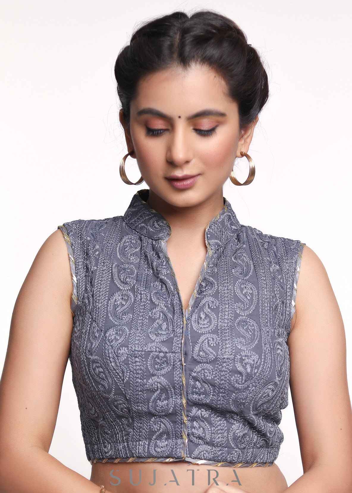 Sleeveless Grey Mandarin Collar Embroidered Georgette Blouse