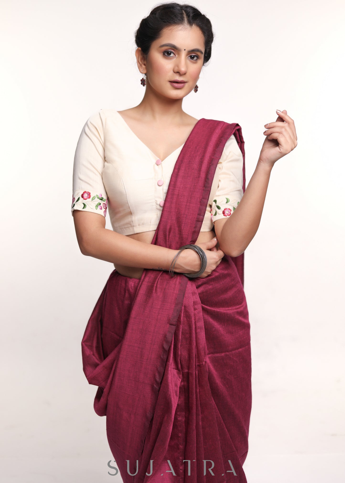 Off- white Cotton Silk Embroidered Blouse - Optional Plain Saree