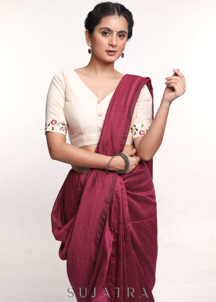 Off- white Cotton Silk Embroidered Blouse - Optional Plain Saree