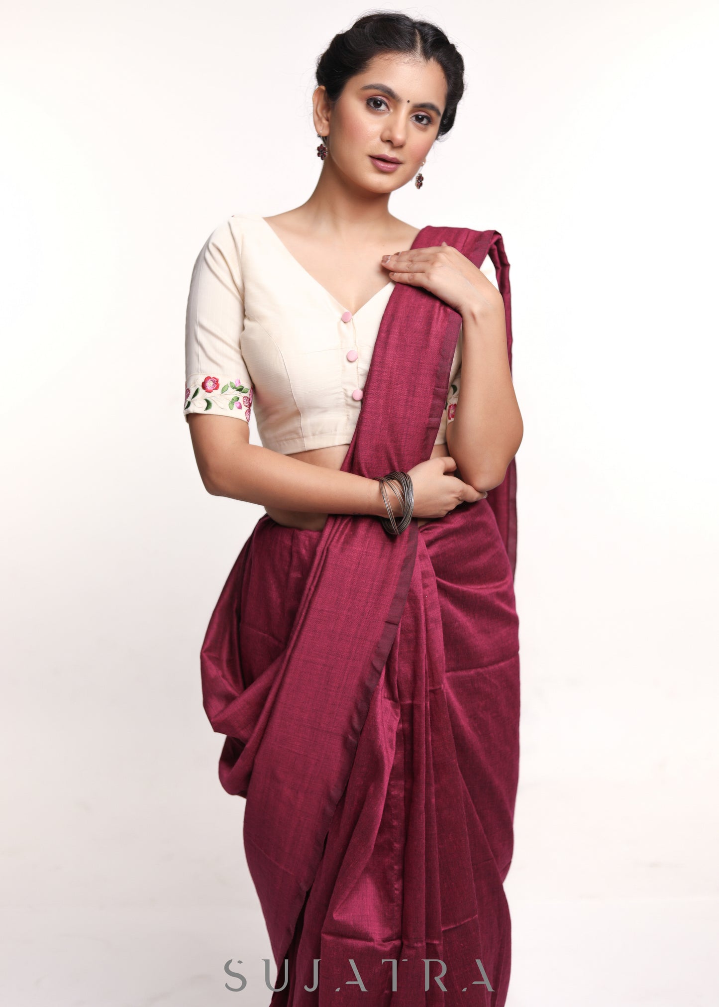 Off- white Cotton Silk Embroidered Blouse - Optional Plain Saree