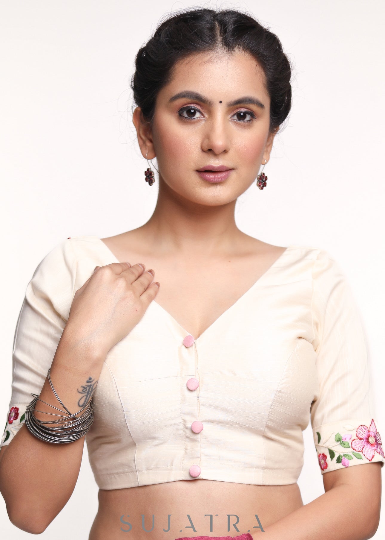 Off- white Cotton Silk Embroidered Blouse - Optional Plain Saree