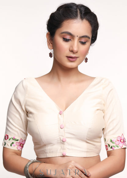 Off- white Cotton Silk Embroidered Blouse - Optional Plain Saree