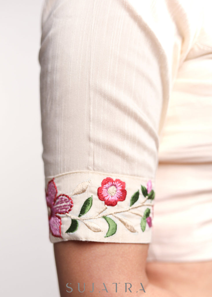 Off- white Cotton Silk Embroidered Blouse - Optional Plain Saree