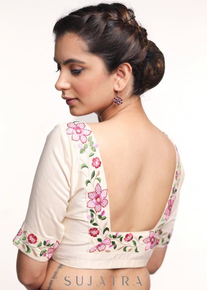 Off- white Cotton Silk Embroidered Blouse - Optional Plain Saree