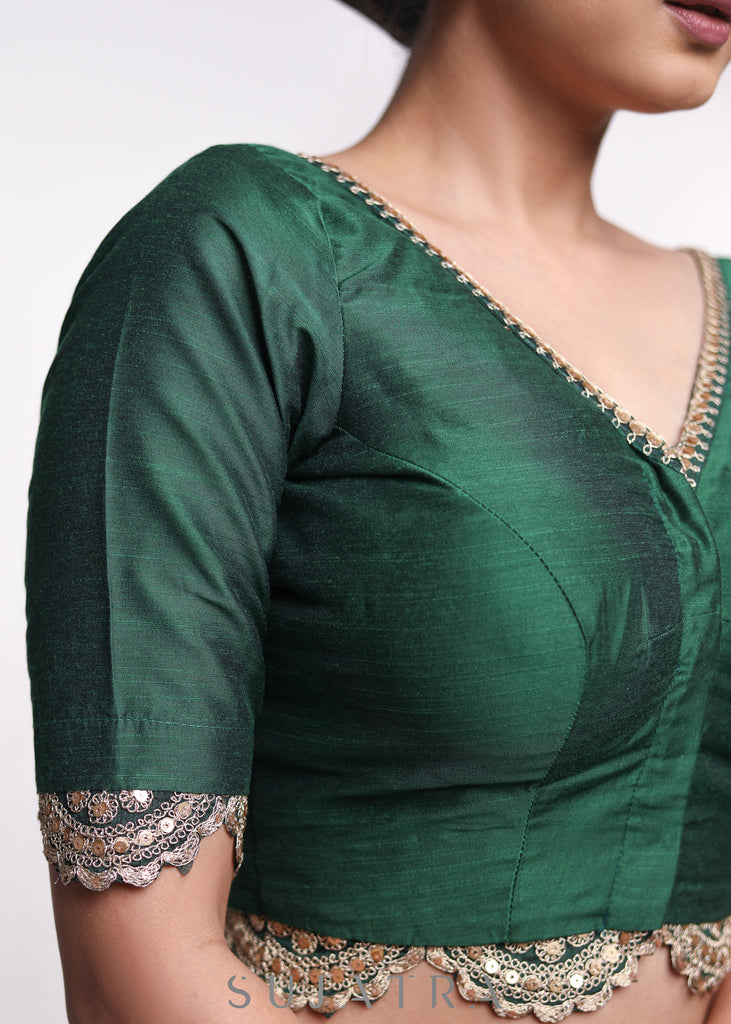 Forest Green Cotton Silk Blouse With Lace Insert