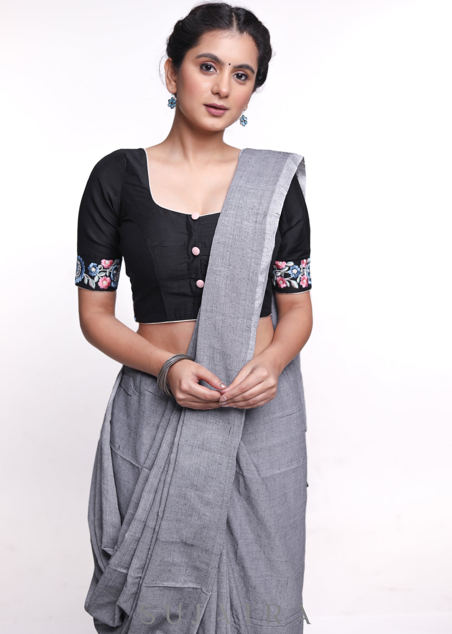Black Multicolour Cotton Silk Embroidery