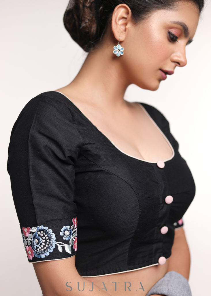 Black Multicolour Cotton Silk Embroidery