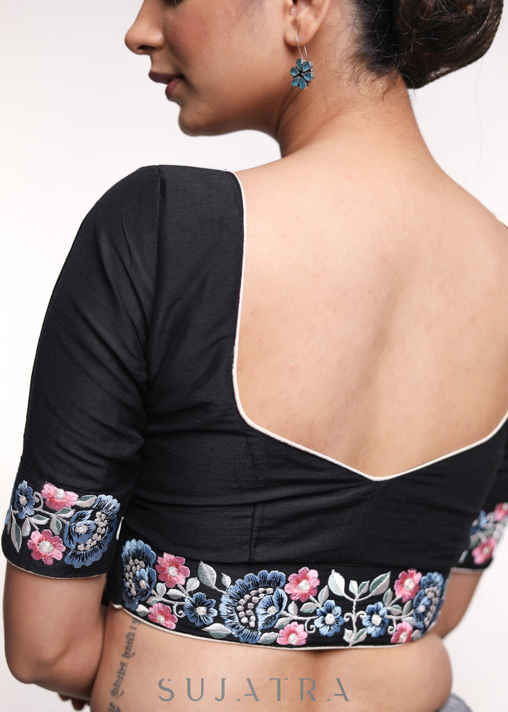 Black Multicolour Cotton Silk Embroidery