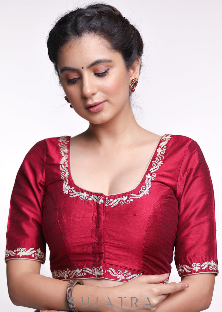 Maroon Cotton Silk Embroidered Blouse