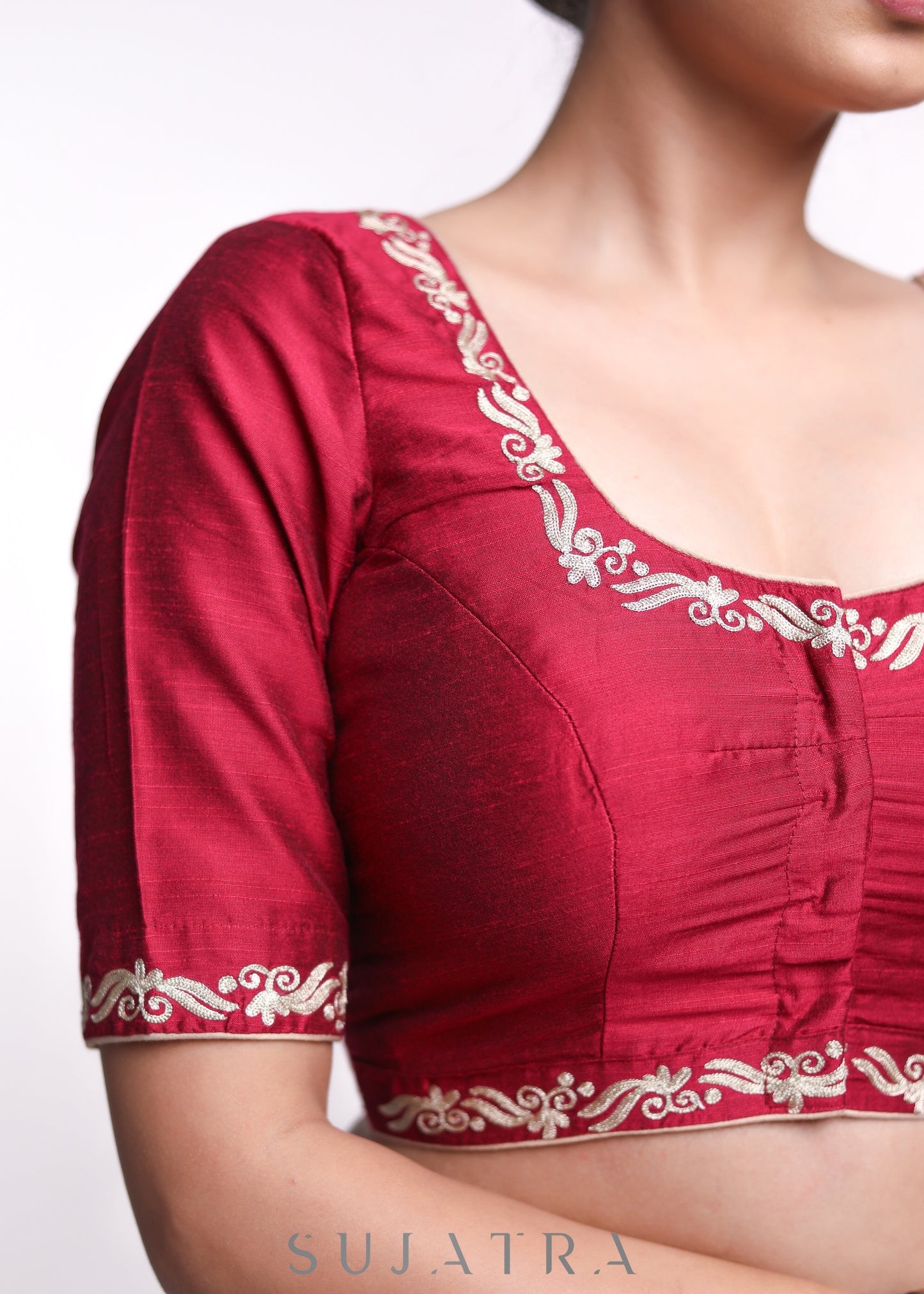 Maroon Cotton Silk Embroidered Blouse