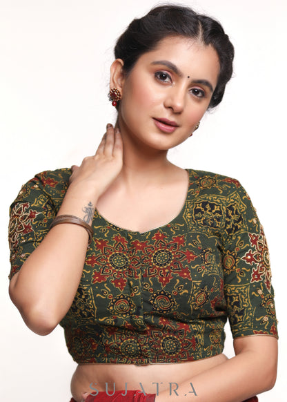 Hand Embroidered Green Ajrakh Blouse