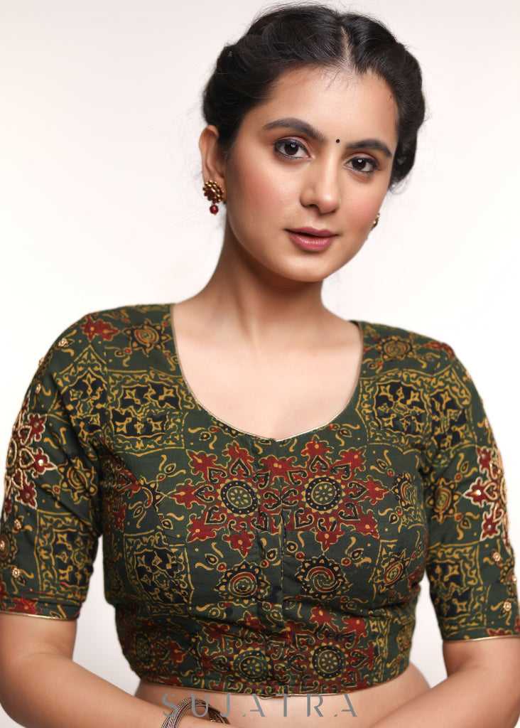 Hand Embroidered Green Ajrakh Blouse