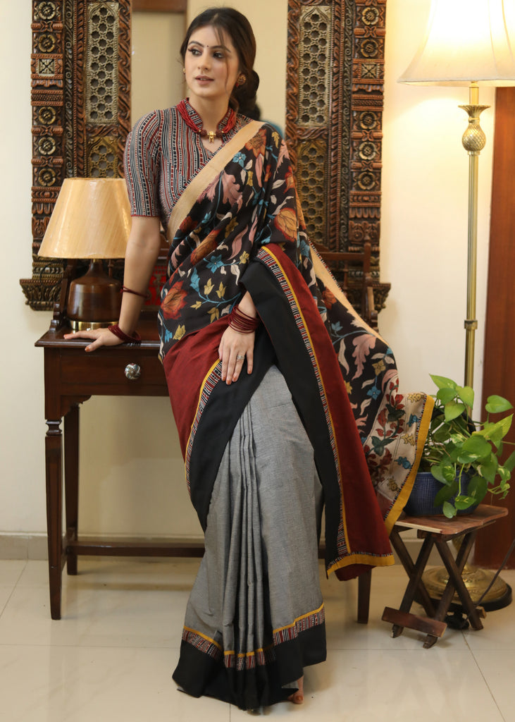 Smart grey Cotton saree with beautiful Madhubani Pallu and black border
