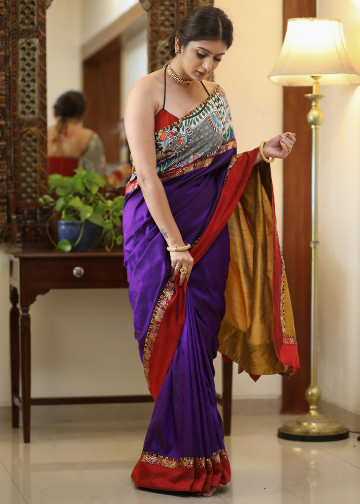 Regal purple Raw silk saree with traditional Kalamkari painted bored, mustard Pallu and marron border