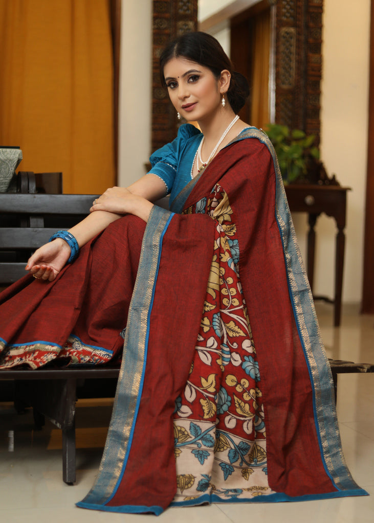 Classy maroon Cotton saree with Kalamkari hand painted Pallu and Ajrakh border